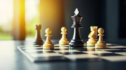 A chessboard with strategic moves highlighted, symbolizing planning and success, on a sleek corporate backdrop.