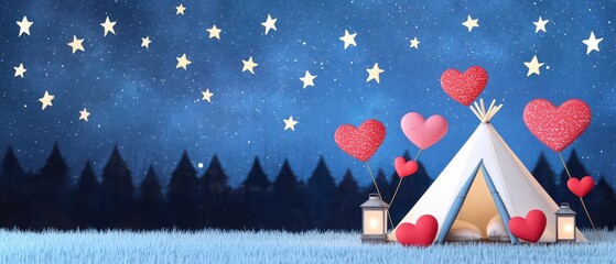 Valentine's Day retro-inspired banner design concept. Cozy tent with hearts under a starry night sky, creating a whimsical and romantic atmosphere.