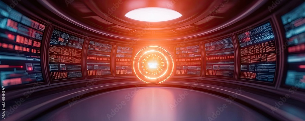 Poster Operation center idea. Futuristic control room with glowing orb and dynamic interface displays.