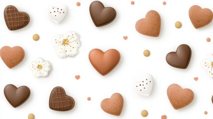 Valentine's Day retro-inspired banner design concept. A variety of heart-shaped chocolates and cookies arranged on a white background, featuring different colors and textures.