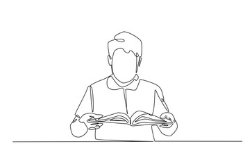 Man reading a book continuous one line drawing. Person study by reading book in single line art illustration. Editable vector.
