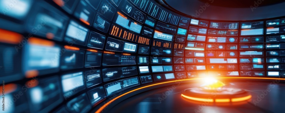 Poster Operation center idea. Futuristic control room with interactive screens and glowing center console.