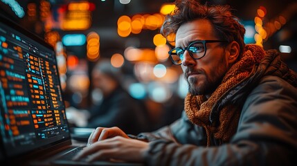 Fototapeta premium Man Works Late Night on Laptop Data Analysis