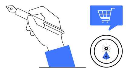 Hand holding a fountain pen, shopping cart icon in blue speech bubble, eye inside circle with blue triangle. Ideal for creativity, e-commerce, design, art, marketing, writing, technology. Line