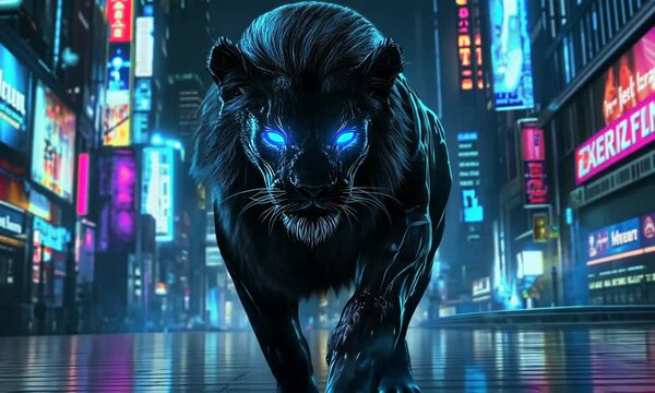 A futuristic, glowing lion with blue eyes prowling through a neon-lit cityscape.