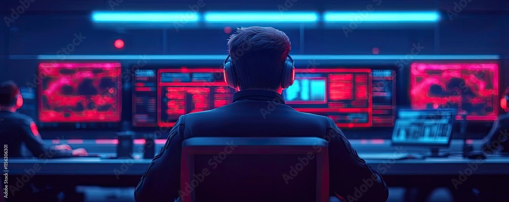 Poster Operation center idea. A focused individual monitors advanced technology in a high-tech control room.