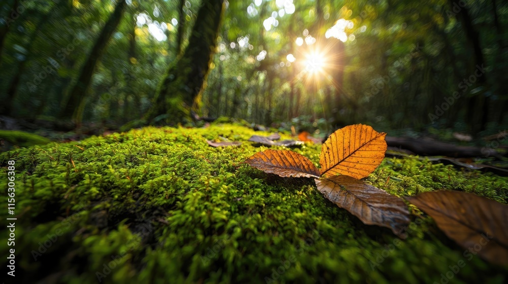 Aufkleber moss forest concept. a serene forest scene with moss and fallen leaves illuminated by soft sunlight.