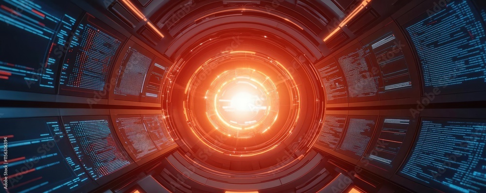Poster Operation center idea. Futuristic technological design showing a glowing core in a high-tech environment.