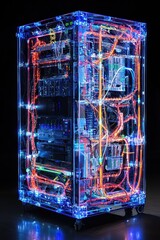 Colorful Network Server Rack with Neon Lights and Cables Display