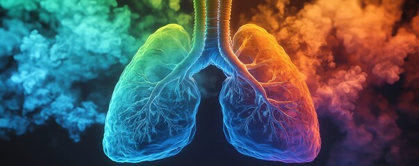 Colorful rainbow anatomical lung, showcasing the impact of smoking and tuberculosis, promoting World Tuberculosis Day awareness, generative AI, photorealistic, intricate details