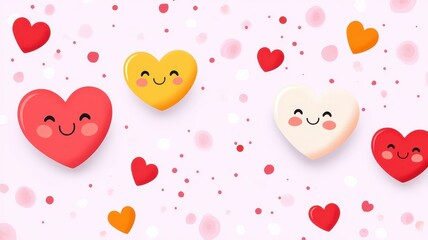 Valentine's Day retro-inspired banner design concept. Colorful, cute hearts with smiles on a light pink background, creating a cheerful, playful atmosphere.