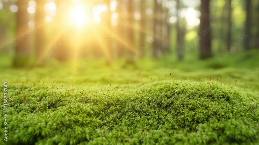 Poster moss forest concept. sunlight filters through trees, illuminating lush green moss in a serene forest