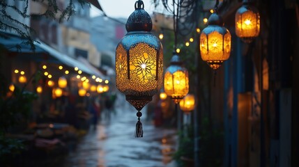 Mosque lanterns illuminate community charity initiatives during evening hours in a bustling market