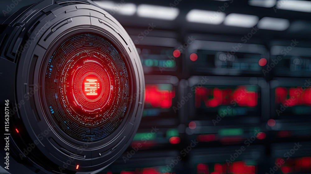 Aufkleber Operation center idea. Futuristic robotic interface showcasing advanced technology with a glowing red light.