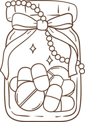 Whimsical Hand-Drawn Jar filled with piils. Vector  Illustration