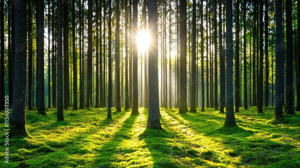 Poster Moss forest concept. Sunlight streaming through dense trees in a lush green forest, creating serene shadows.