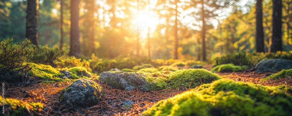 Poster Moss forest concept. Sunlight filters through trees, illuminating a lush forest floor with moss and rocks.