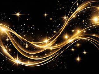 Fototapeta premium An elegant, abstract design of shimmering golden light trails against a deep black background.