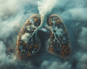 Human lungs with smoke swirling inside, representing lung cancer caused by tobacco use, No Tobacco Day concept, detailed and powerful imagery for awareness