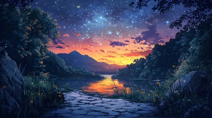 A serene twilight landscape depicts a tranquil lake reflecting a vibrant sunset under a starlit...