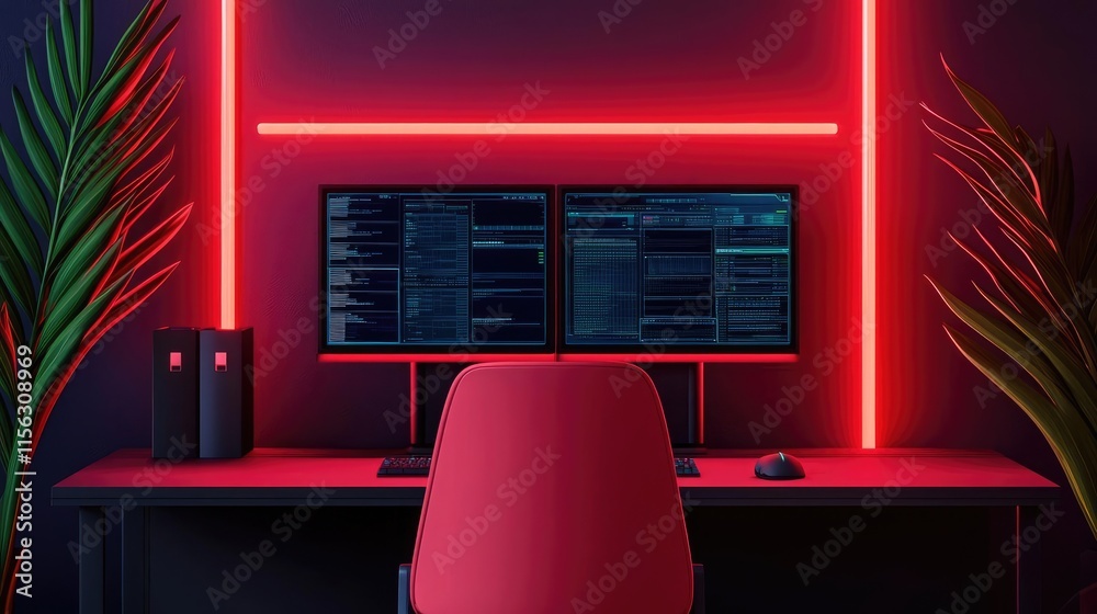 Poster operation center idea. modern workspace setup with dual monitors and vibrant neon lighting.