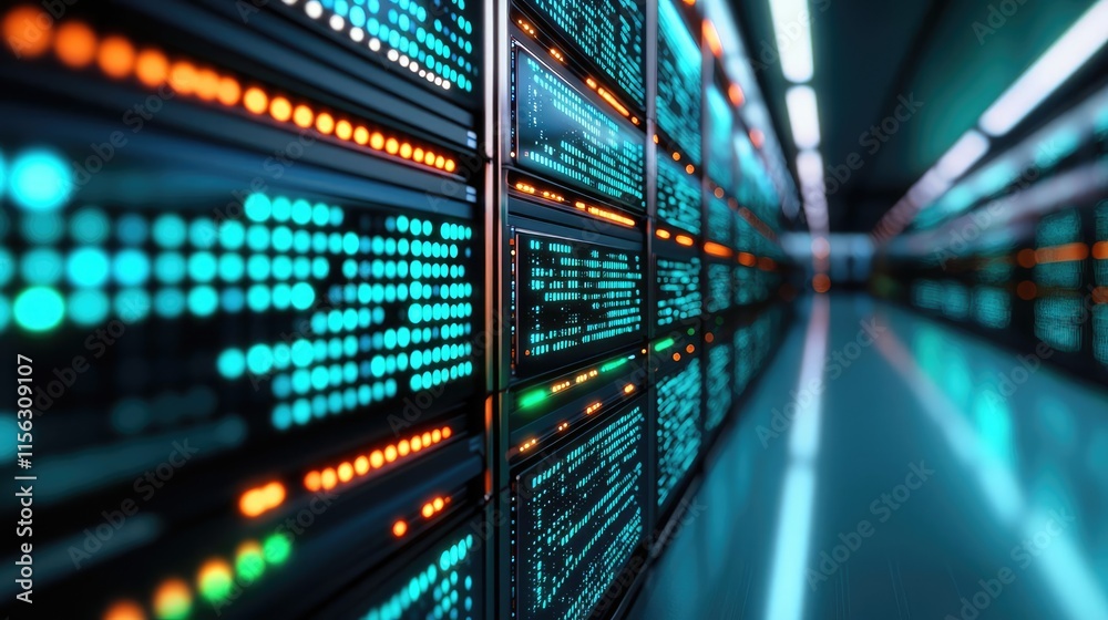 Poster Operation center idea. Futuristic data center with glowing servers and advanced technology for data processing.