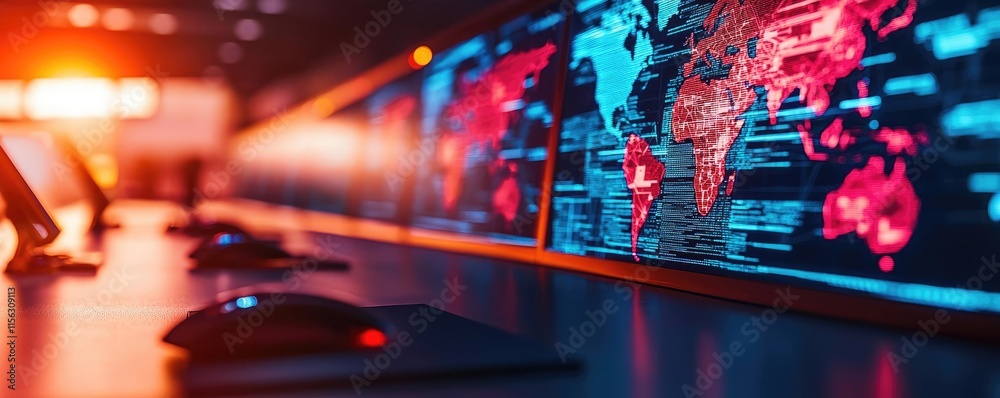 Poster Operation center idea. Futuristic control room with digital maps and monitors displaying data and information.