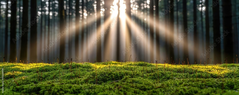 Poster Moss forest concept. Sunlight filters through trees illuminating a vibrant green forest floor.