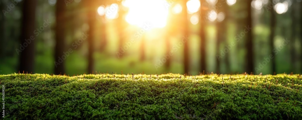 Poster moss forest concept. sunlight streaming through trees, illuminating a lush green forest floor covere