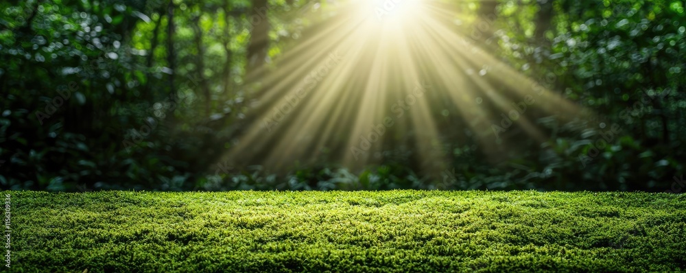 Poster moss forest concept. sunlight streaming through trees, illuminating lush green grass in a serene for