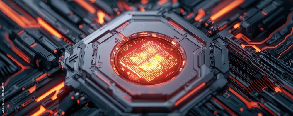 Poster Operation center idea. Futuristic computer chip design with vibrant red glow and intricate circuit details.