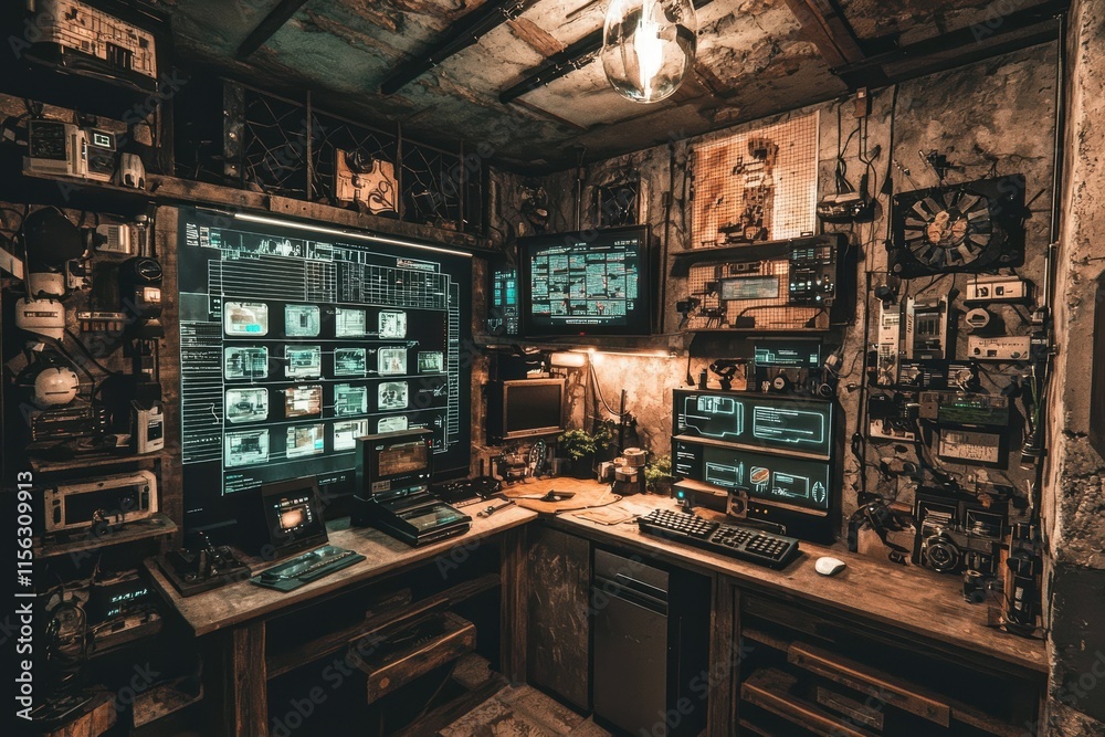 Poster vintage computer setup in dark room with retro tech elements