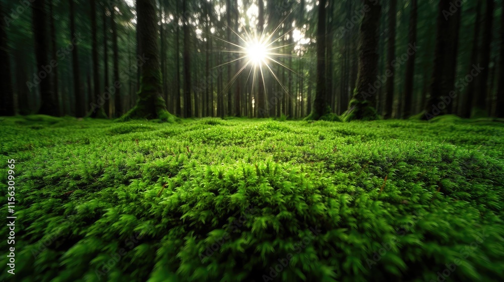 Poster moss forest concept. sunlight filtering through trees over a lush green forest floor, evoking tranqu
