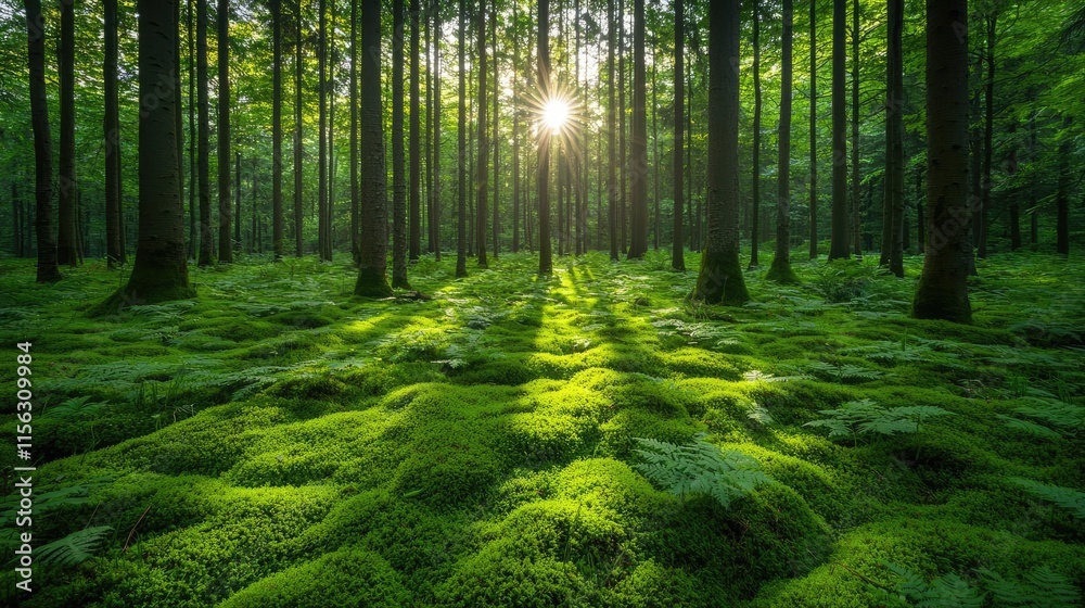 Poster moss forest concept. serene forest landscape with sunlight filtering through lush green trees and mo