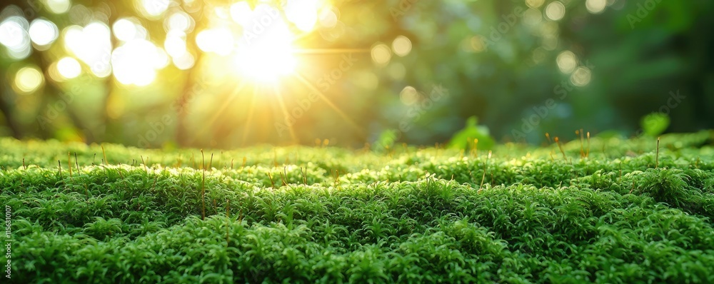 Aufkleber moss forest concept. a serene view of lush green moss illuminated by gentle sunlight.