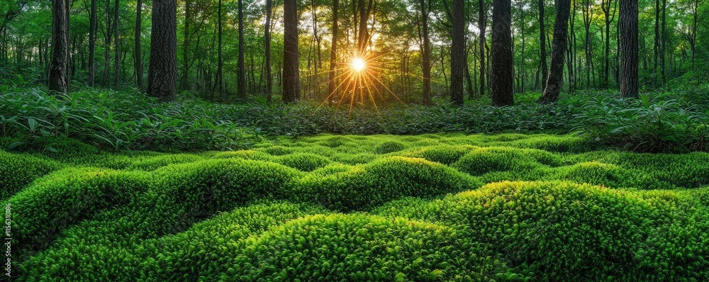 Poster moss forest concept. a serene forest scene with lush green moss and warm sunlight filtering through 
