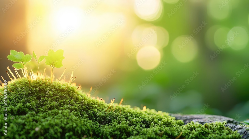 Poster moss forest concept. a close-up of vibrant green moss illuminated by sun rays in a serene forest set