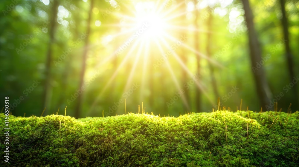 Poster moss forest concept. sunlight illuminating vibrant green moss in a tranquil forest setting.