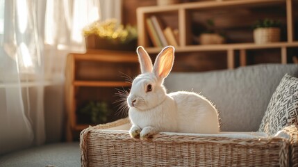 White rabbit sitting in wicker basket indoors, sunlit.