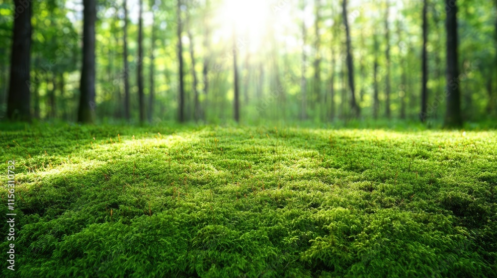 Poster Moss forest concept. Lush green forest floor illuminated by soft sunlight filtering through the trees.