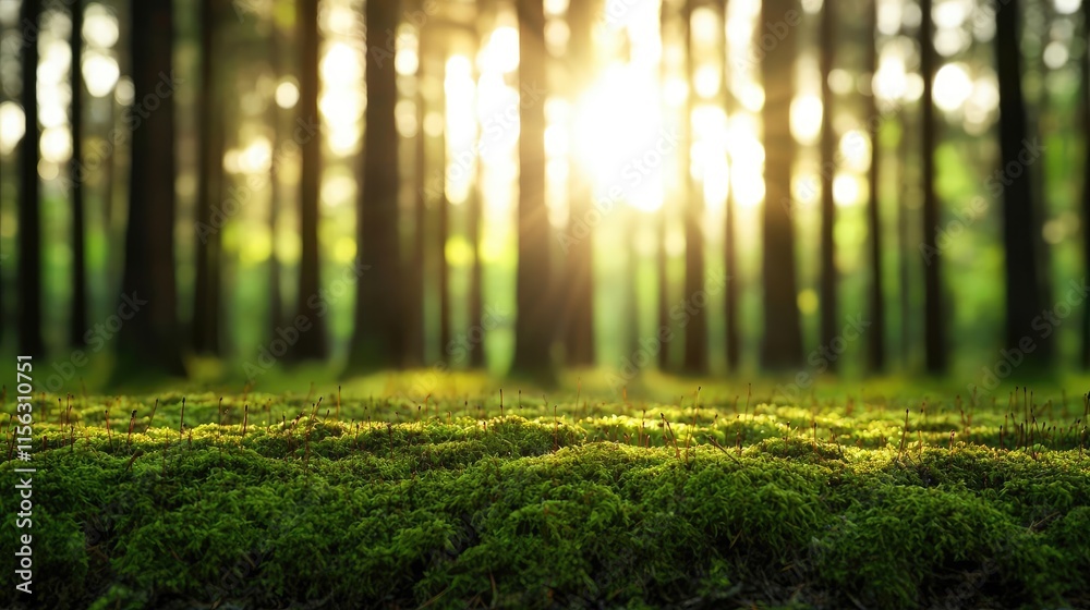 Poster Moss forest concept. Sunlight filtering through lush green forest, illuminating soft moss covered ground.