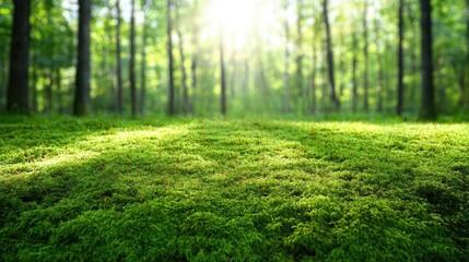 Fototapeta premium Moss forest concept. Lush green forest floor illuminated by soft sunlight filtering through the trees.