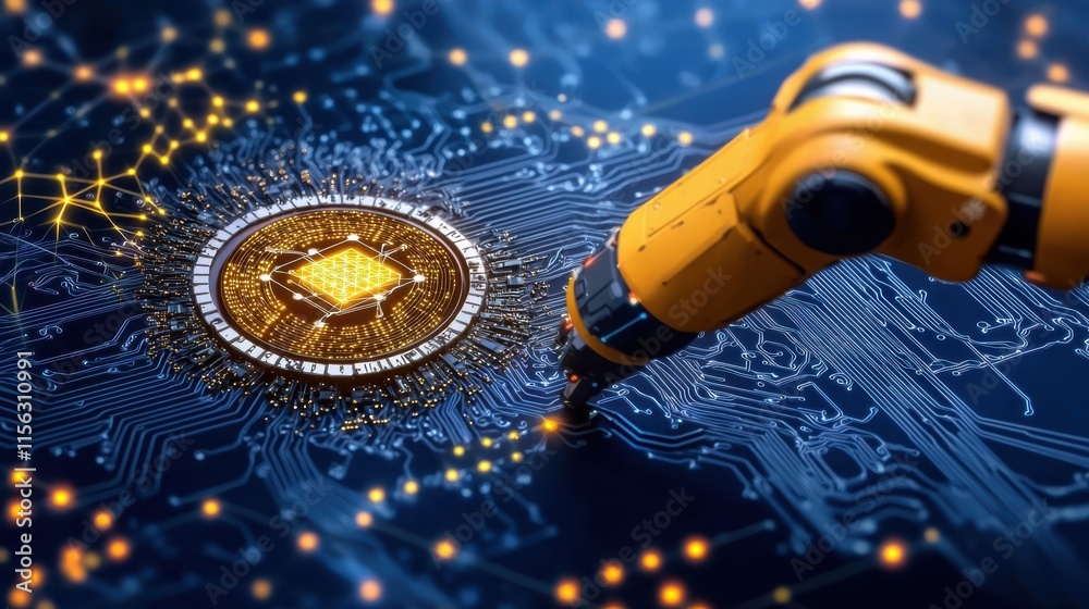 Poster robotic arm interacting with circuit board technology and data flow