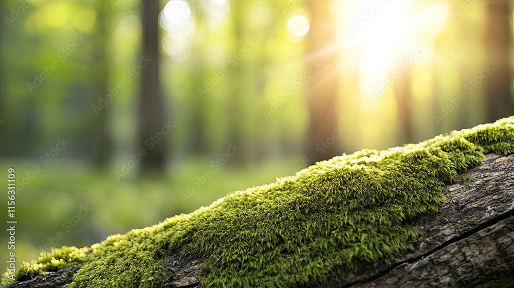 Poster moss forest concept. sunlit moss on a log, creating a serene and peaceful forest scene.