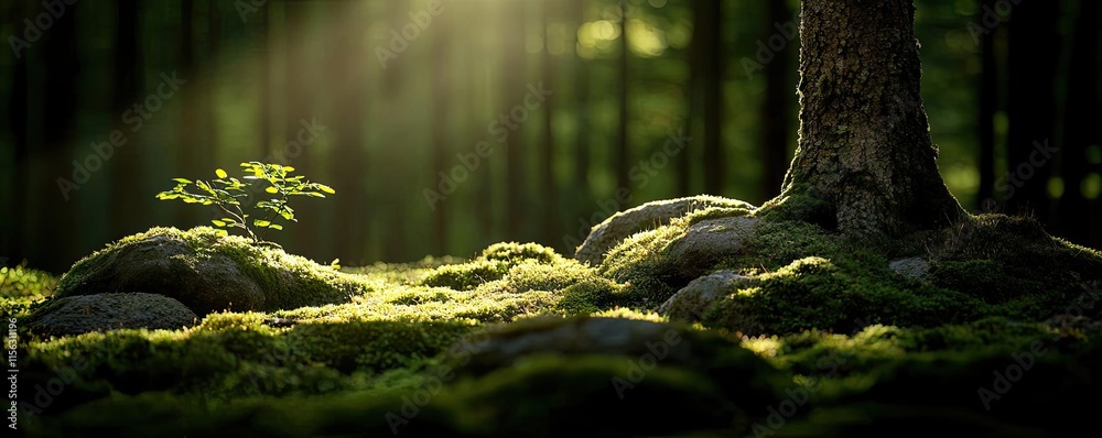 Poster Moss forest concept. Sunlight filtering through trees in a serene forest with green moss and rocks.