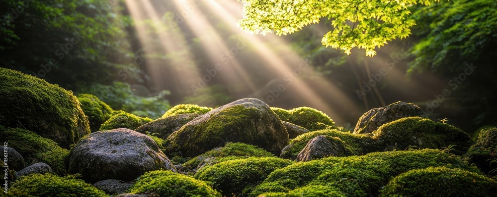 Poster moss forest concept. tranquil forest scene with sunlight streaming through trees and moss-covered ro