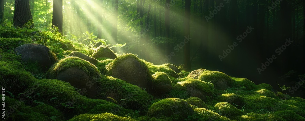 Poster moss forest concept. sunlight filters through forest trees, illuminating mossy rocks and creating a 