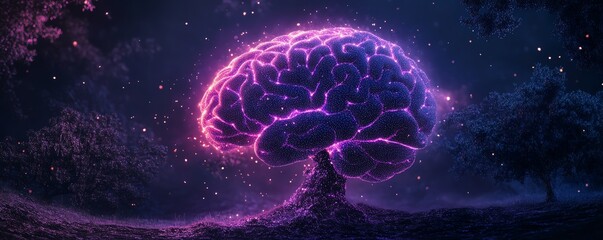 Fototapeta premium Epilepsy and Alzheimers awareness represented by a purple brain tree, mental health symbol, creative brainstorming, detailed generative AI design, vivid and vibrant colors