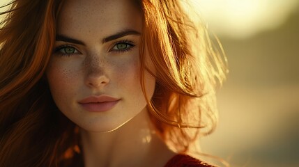 Fototapeta premium portrait style photograph featuring a woman with long, flowing red hair that catches the warm, golden sunlight with fair and smooth subtle glow