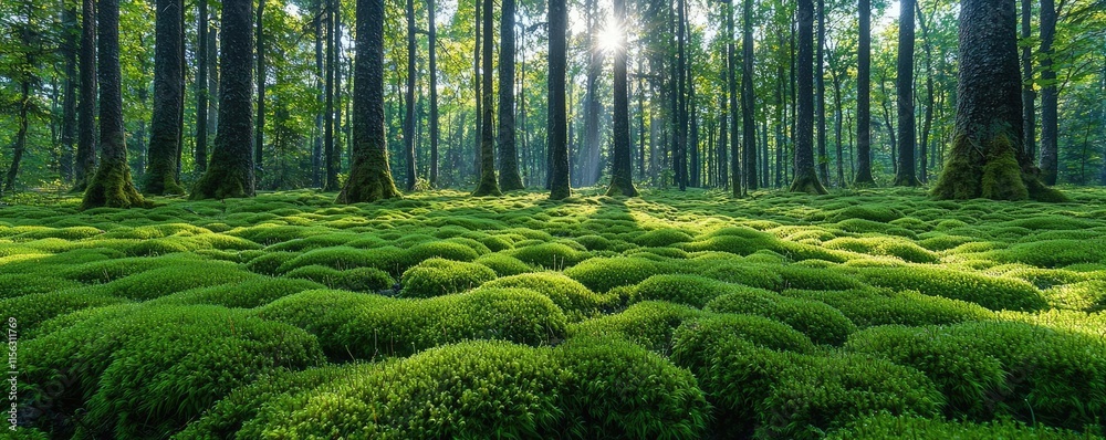 Poster Moss forest concept. Lush green forest with sunlight filtering through trees, showcasing nature's tranquility.